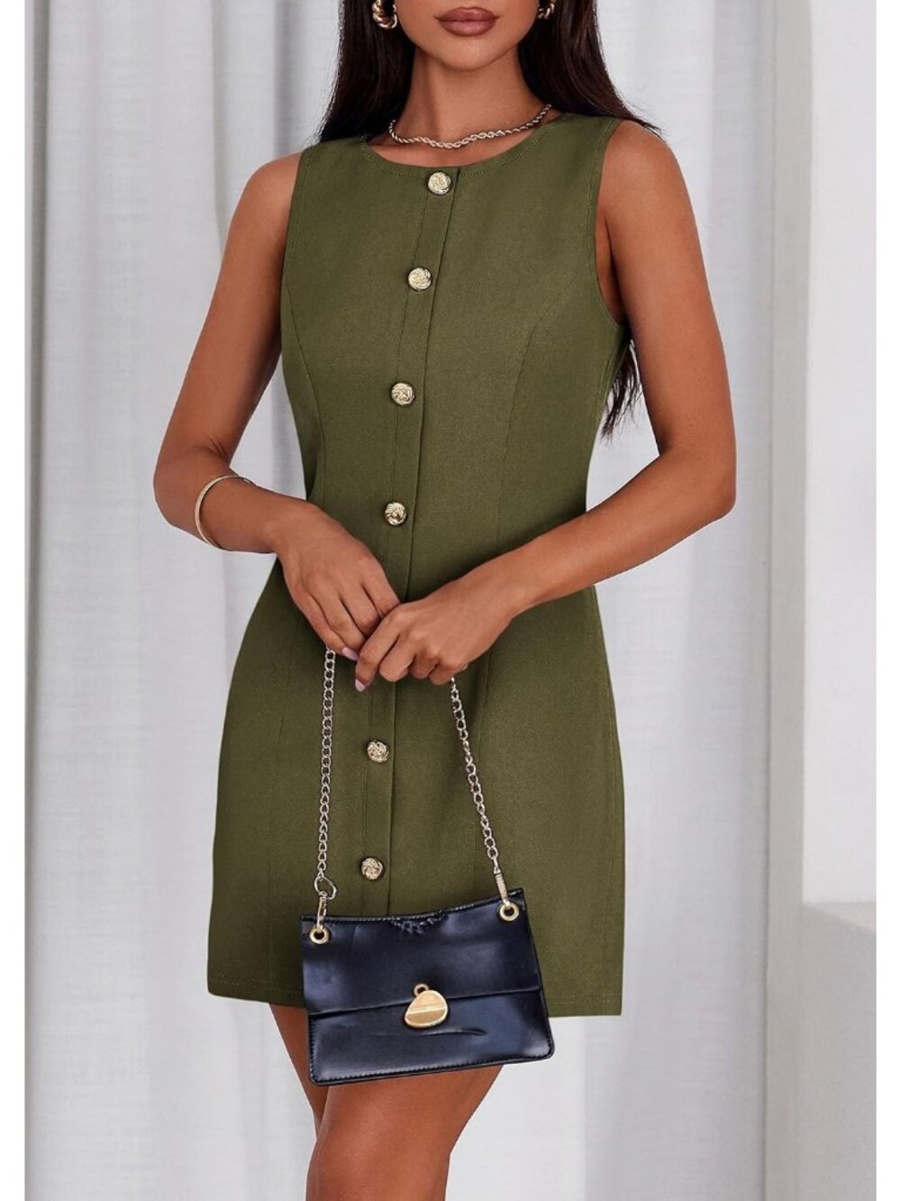 Pretty Garden Women's Army Green Sleeveless Button Down Elegant Mini Dress - Picture 4 of 6